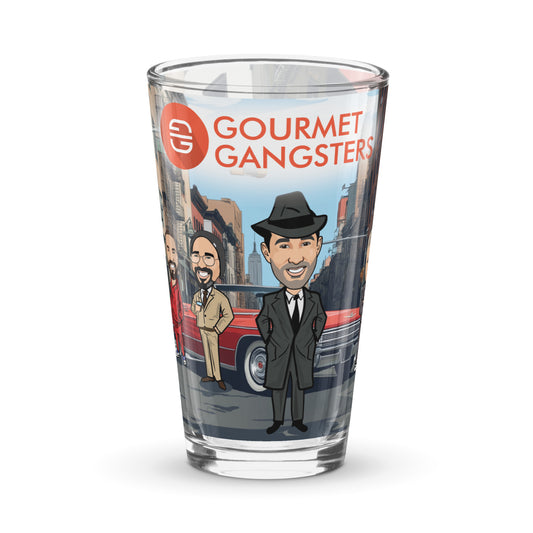 Gourmet Gangsters Gang 16oz shaker pint beer glass with Italian American Boston design for craft beer and cocktails